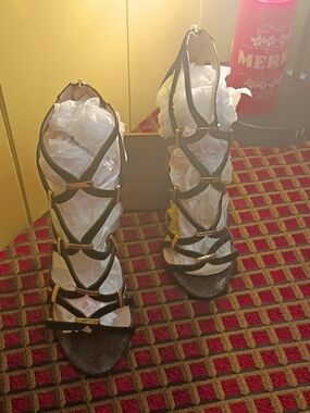 Women's Black Sexy Strappy Gladiator Heels with Gold Accents. Party Ready!